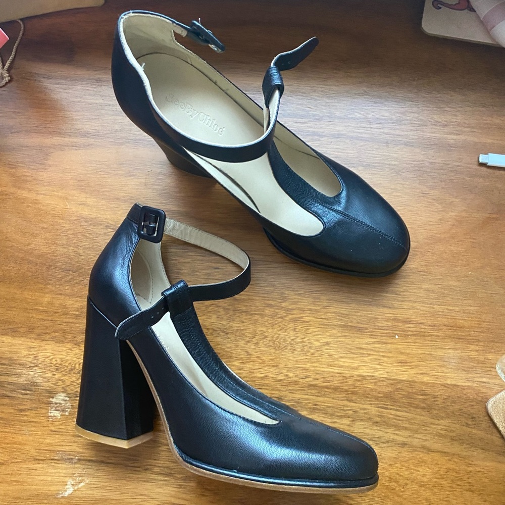 See by Chloe T Strap Mary Jane Block Heel Pump